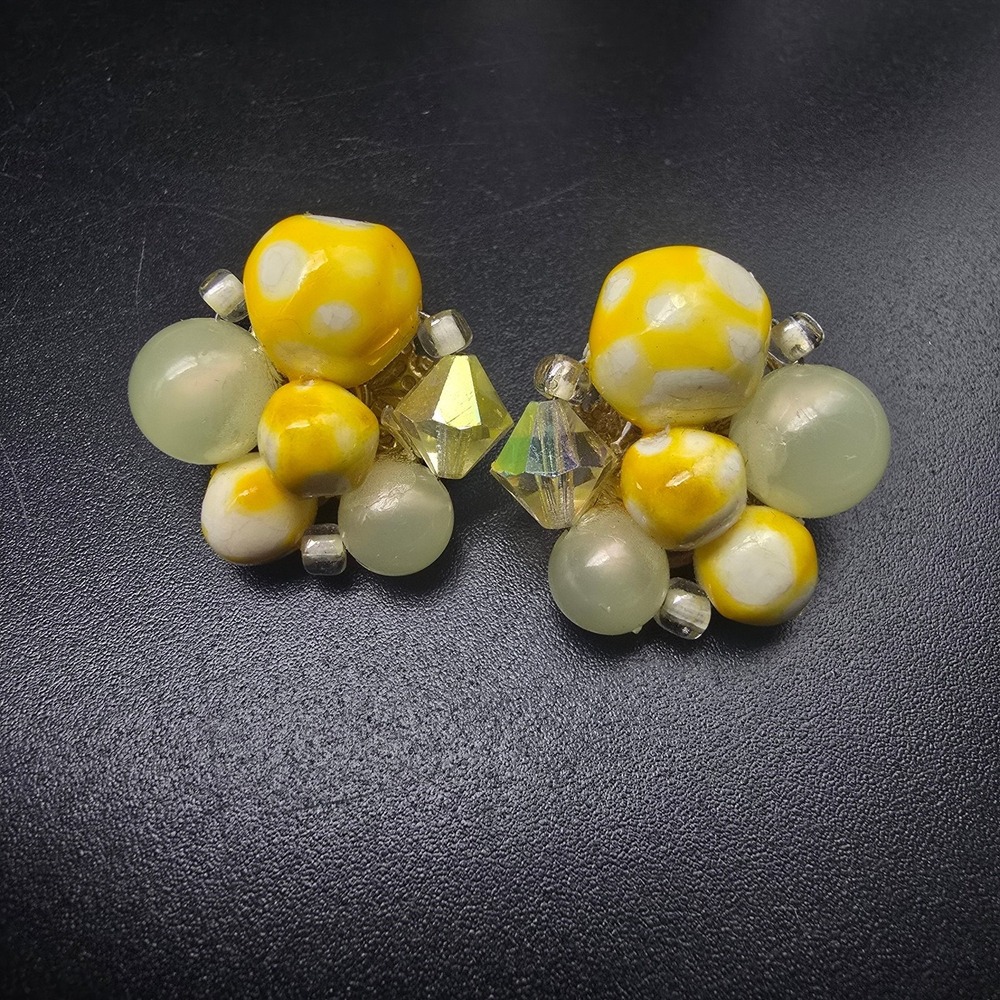 Yellow Beaded Clip On Earrings Vintage Costume Jewelry